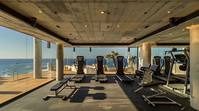 luxury oceanside gym with high-impact, salt-resistant fiber cement panels, combining functionality with an exclusive aesthetic that matches the premium nature of the facility
