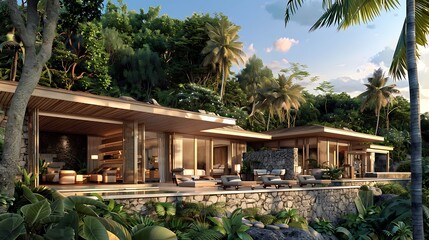Fototapeta premium luxury resort with villas that have retractable wooden walls, allowing guests to choose between privacy and panoramic views of the tropical surroundings