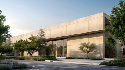Obraz premium luxury spa and wellness center with a tranquil facade of smooth, pale fiber cement panels, designed to evoke a sense of calm and purity as soon as guests arrive
