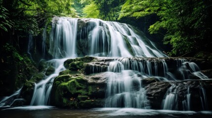 Obraz premium A stunning waterfall cascades gracefully over moss-covered stones surrounded by vibrant greenery, creating a peaceful and picturesque natural environment.