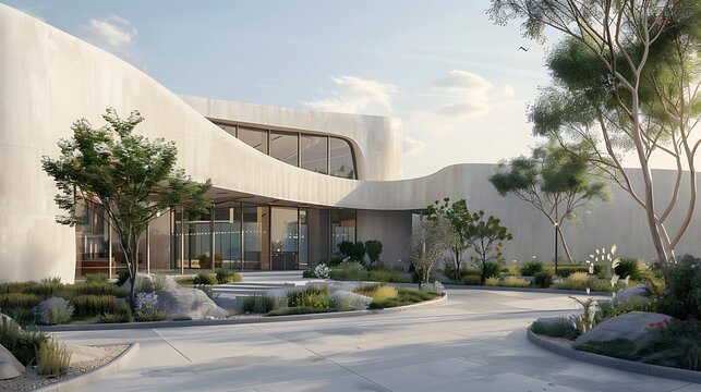 luxury spa and wellness center with a tranquil facade of smooth, pale fiber cement panels, designed to evoke a sense of calm and purity as soon as guests arrive