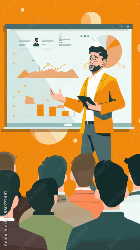 Poster a man presents data with graphs on a whiteboard to a group in a room with orange walls
