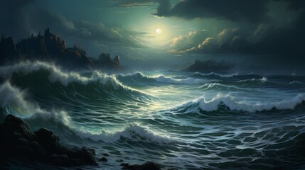 A mesmerizing seascape featuring dark, brooding clouds and shimmering moonlight reflecting off the crashing waves, capturing the eerie beauty of the night sea.