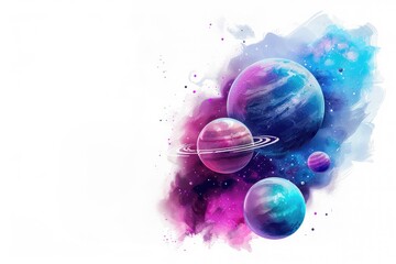 Background of planets on white background, blue and purple colors. 