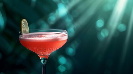 A pink cocktail with gin, grenadine syrup, lemon juice, and egg white. Served in a glass with a dark green background and bright light and shadow patterns.