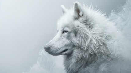 Obraz premium A profile of a person set against a bright background with ethereal smoky textures, creating a mystical and serene atmosphere highlighted by soft light.