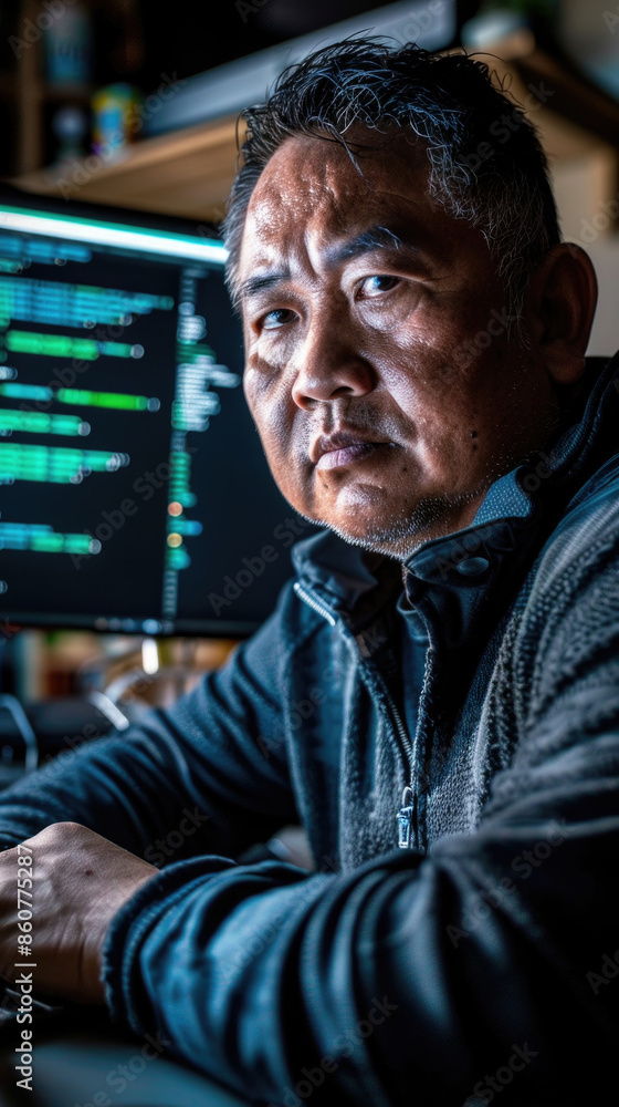 Poster a man sits in front of his computer in a dimly lit room, his face illuminated by the screen. he appe