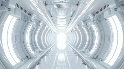 A bright, futuristic tunnel featuring a sleek, white design with curved elements and bright lights, creating a sense of infinity and modernity in a sterile environment.