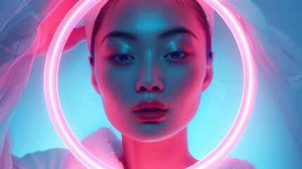 Obraz premium A close-up portrait of a woman posing in a studio with a pink neon light ring. The womans face is illuminated by the ring, creating a bright, colorful, and futuristic effect