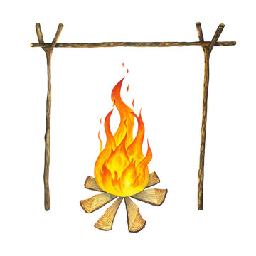 Watercolor fireplace with fire coals or woodfire with Sticks with knots. Campfire cooking pot. Burning bonfire woodpile. Camping fire. Campfire. Hand drawn orange and red fire on brown wooden logs in