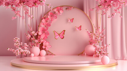 3D render of an abstract pink background with a floral frame of colorful paper flowers forming a botanical arch. Ideal for a shop product display showcase, featuring an empty podium, vacant pedestal.