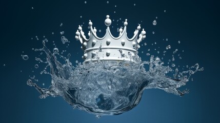 A white crown making a splash as it hits the water, highlighting the contrast between the smooth crown and dynamic water, evoking ideas of power and purity.