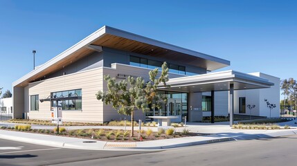 modern pet hospital featuring easy-to-clean, antimicrobial fiber cement siding, ensuring a hygienic environment for both the animals and their caretakers