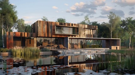 Fototapeta premium modern retreat with a facade made entirely of reclaimed wood, set against the backdrop of a tranquil lake