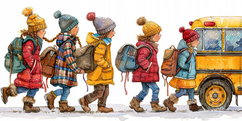Five kids with backpacks waiting for the yellow school bus. Generated by AI.