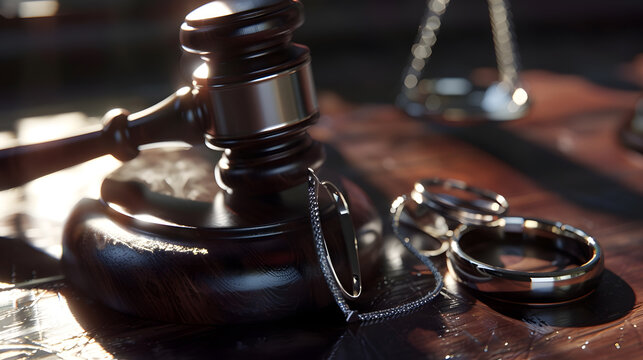 Judge gavel and wedding rings for divorce proceedings Mallet of a judge deciding on the marriage divorce case and custody Selective focus on the rings : Generative AI