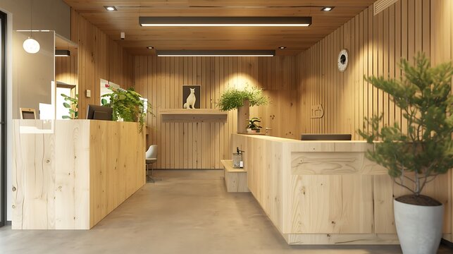 modern veterinary clinic with a calming wooden interior, designed to reduce stress for the animals and provide a warm welcome for pet owners