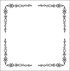 Elegant black and white ornamental frame with Viking runes, decorative border, corners for greeting cards, banners, business cards, invitations, menus. Isolated vector illustration.	