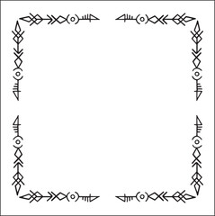 Elegant black and white ornamental frame with Viking runes, decorative border, corners for greeting cards, banners, business cards, invitations, menus. Isolated vector illustration.	