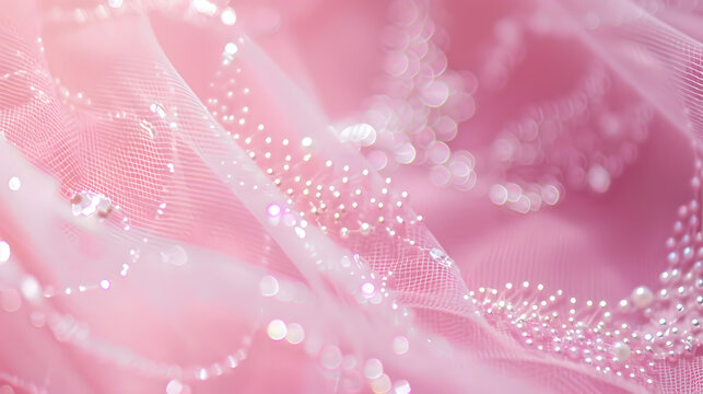 Banner wedding texture background pink color with beads festive baskground expensive luxury fabric tulle material clothCopy space selective focus : Generative AI