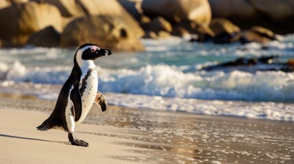 Obraz premium A penguin casually taking a walk along the sandy beach near ocean waves, embodying a sense of calmness and connection with its natural marine environment.