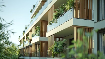 Fototapeta premium multi-family residence with balconies covered in vertical wooden slats, offering both privacy and a stylish modern aesthetic