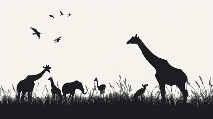 Fototapeta premium A black-and-white silhouette scene showcasing diverse African wildlife including giraffes, elephants, and birds, highlighting the natural beauty and serenity of the animal kingdom.
