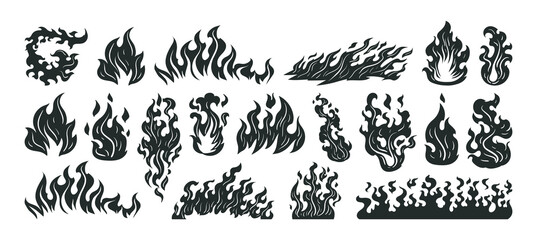 Fire flames silhouettes. Black burning flames, wildfire smoke and fire burning clouds silhouette vector illustrations set. Cartoon flames silhouettes on white