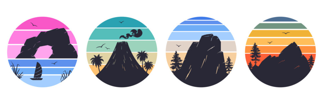 Nature gradient badges. Mountains 80s style badges, circle mountain sunrise grunge emblems flat vector illustration set. Sunset landscape stamps