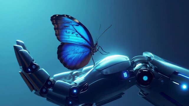 Robotic Hand holding a Butterfly symbolizes harmony between technology and nature