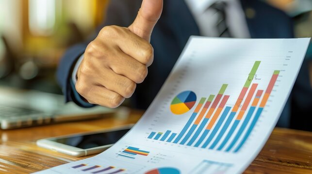 A bar graph with ascending profit bars, printed on a paper held by a businessperson with a thumb up in the foreground