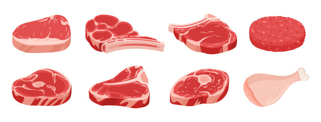 Raw meat products. Fresh beef steaks, burger patty and chicken leg, raw meat food flat vector illustration set. Butcher shop products