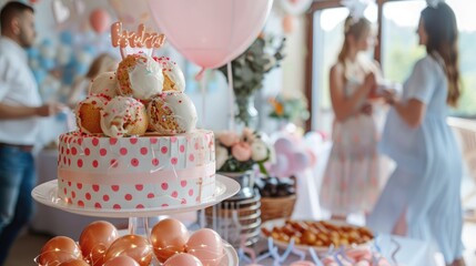 A baby shower party with decorations, games, and guests celebrating the expecting parents