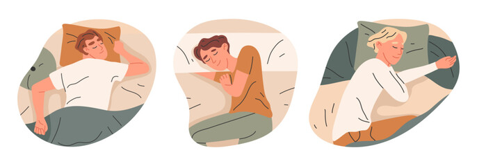 Sleeping male characters. Men sleep in beds under blankets, lying asleep guys flat vector illustration set. Males resting in beds