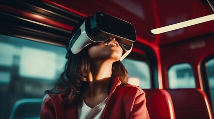 Young woman experiencing virtual reality on city bus.