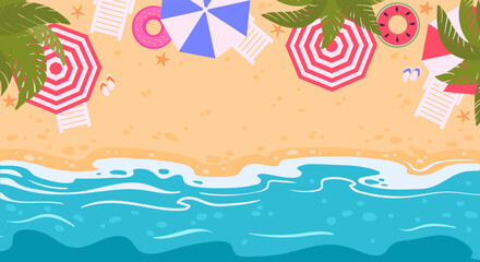 Summer beach top view. Topical seaside view from above, nature paradise seashore view with umbrella and beach lounger flat vector illustration. Cartoon sandy beach view