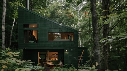 remote artist retreat in the forest, clad in dark green fiber cement siding that blends into the surrounding trees, providing a secluded and inspiring environment for creativity