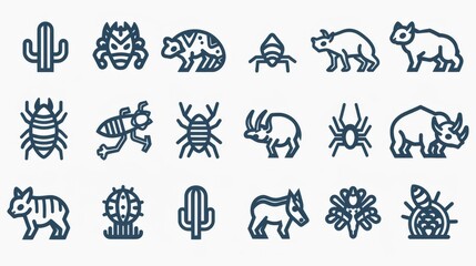 Obraz premium This image features a collection of neatly designed outline icons depicting various animals and elements of nature, ideal for use in various design projects.