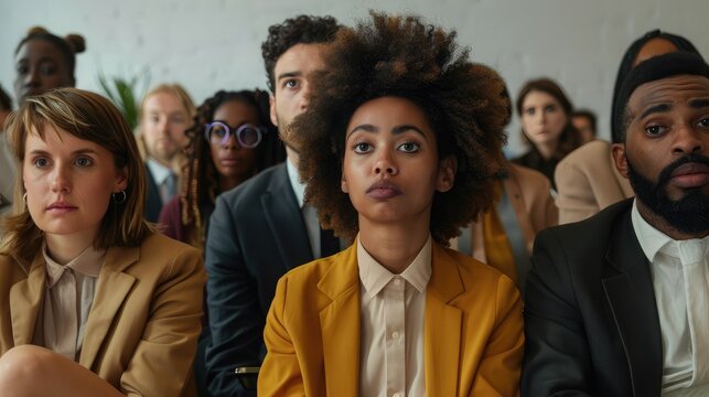 A diverse group of committee members looking attentive but not objecting or calling attention to any issues during a meeting
