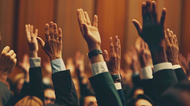A diverse group of shareholders at an annual meeting, voting on company resolutions with raised hands