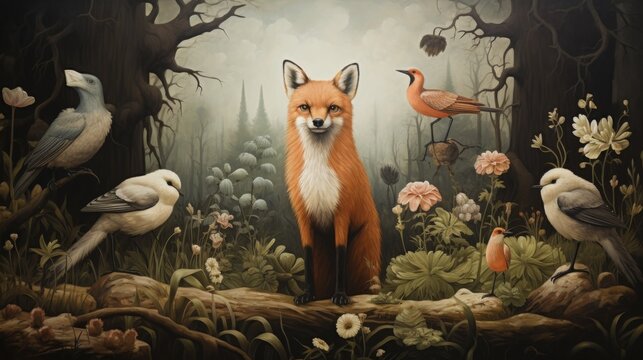 A surreal composition of a fox seated in an enchanted forest surrounded by a diverse array of birdlife, capturing the enchanting essence of nature and wildlife in harmony.