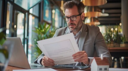 A professional examining real estate documents and asset listings, with a laptop and house models in the background