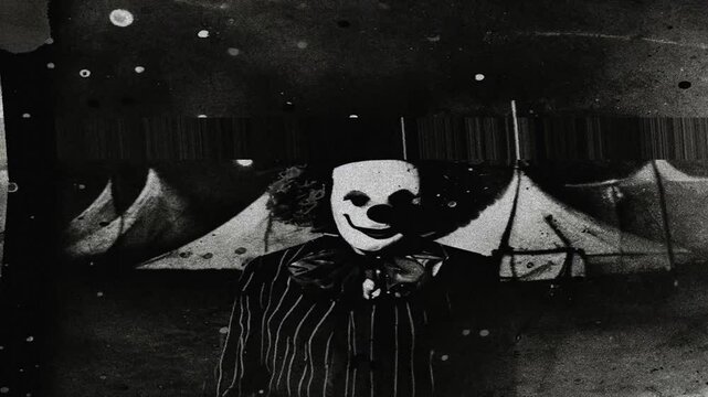 Creepy spooky clown with dust and scratches on tv scrren glitch effect