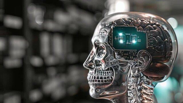 Xray of human skull with microchip brain implant Generative AI