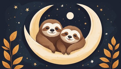 Fototapeta premium Two adorable sloths snuggle on a crescent moon under a starry night sky