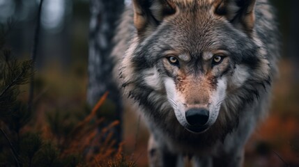 A majestic wolf intensely gazing, exhibiting vigilance and focus, captured in a dense forest setting, with a backdrop of autumn leaves and rugged wilderness.