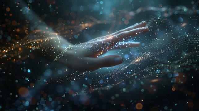 A hand extends into an abstract, digitally rendered visualization, capturing the essence of modern technology and human interaction with data in a surreal environment.