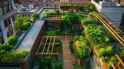 Obraz premium rooftop garden in an urban setting with wooden walkways and pergolas, providing residents with a green oasis amidst the concrete jungle