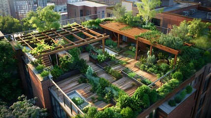 rooftop garden in an urban setting with wooden walkways and pergolas, providing residents with a green oasis amidst the concrete jungle