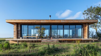 Fototapeta premium rural studio with a facade of rustic wooden logs, modernized with large glass windows that offer views of the surrounding meadows